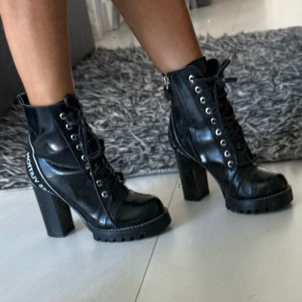 Louis Vuitton Black Lace Up Boots with Chunky Heel
